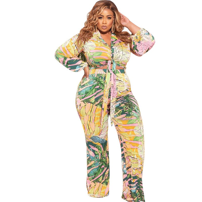 5XL Plus Size Two Piece Set Women Bandage Shirt Tops And Pant Suits Summer Dashiki Print Beach Oversize Outfits