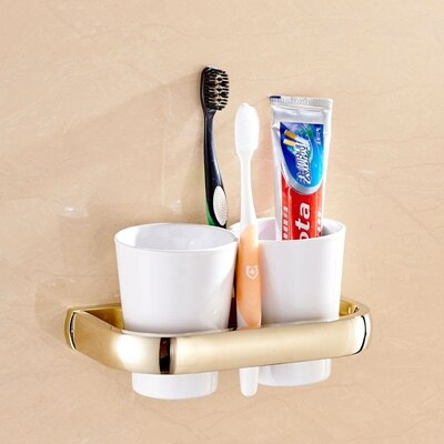Porte-tasses Double en laiton, support mural, moderne, étagère dorée de luxe, porte-gobelet, porte brosse à dents: Gold