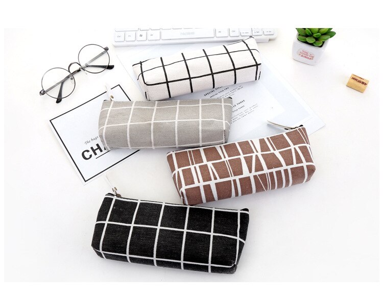 Square Plaid canvas small fresh stripe pencil case simple and pencil case for boys and girls
