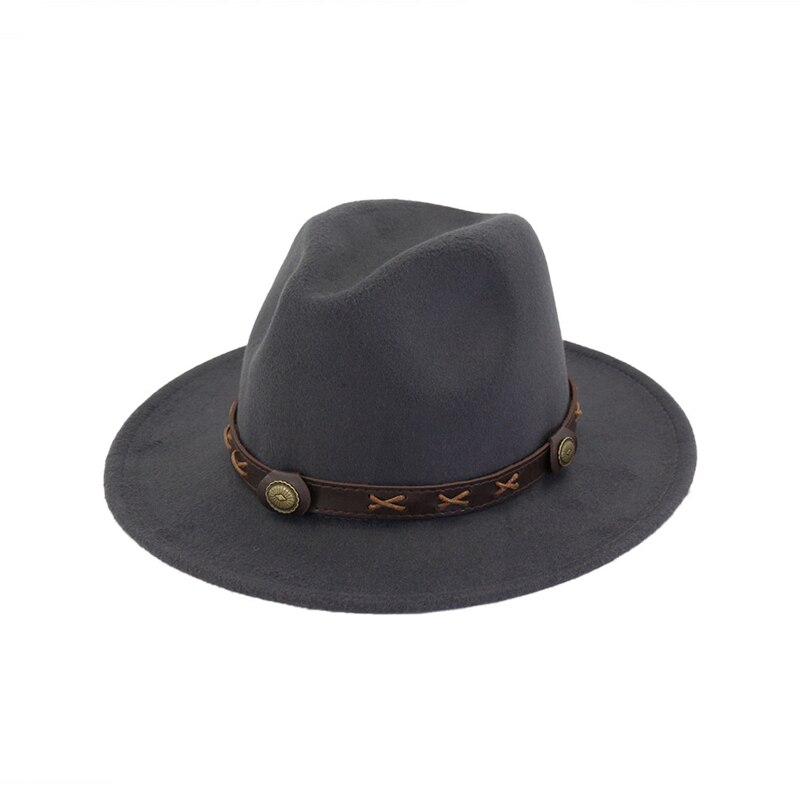 QBHAT uomo donna cappelli Fedora Jazz in feltro di lana tinta unita con cinturino in pelle marrone cappello da Cowboy a tesa larga cappello verde Trilby Panama per la festa: Grigio scuro