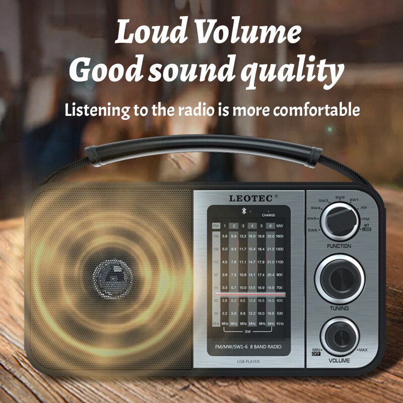 Portable Full Band Radio FM/MW/SW1-6 Radio Receiver Wireless Bluetooth Speaker with SD Card/USB Slot Support AC/DC Power Supply