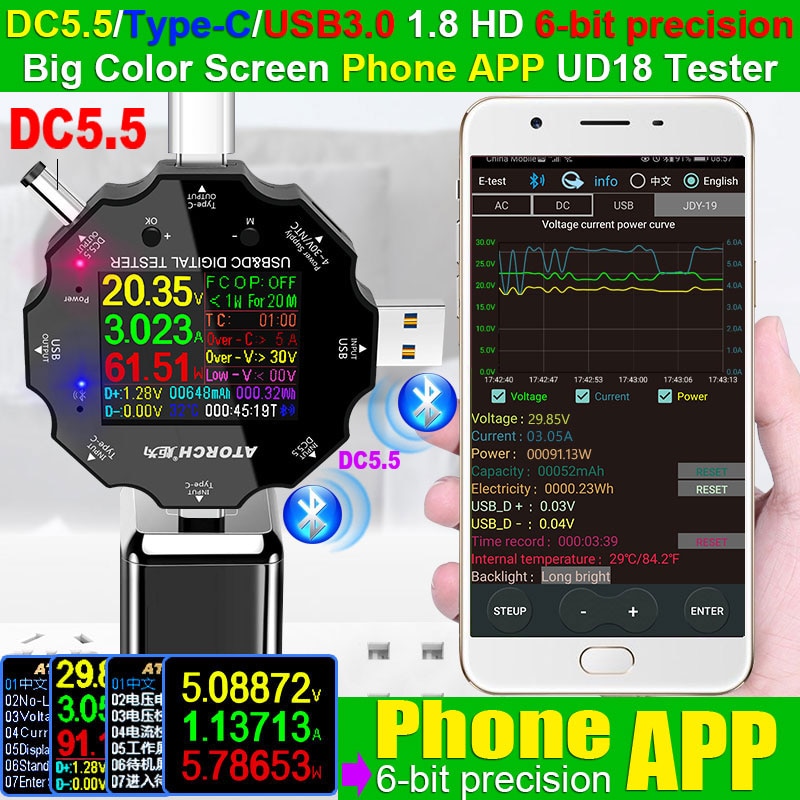 UD18 bluetooth Digital Voltmeter USB3.0/DC/Type-C 18 in 1 USB Tester APP DC Voltmeter Meter Ammeter HD Screen 6-Bit Display