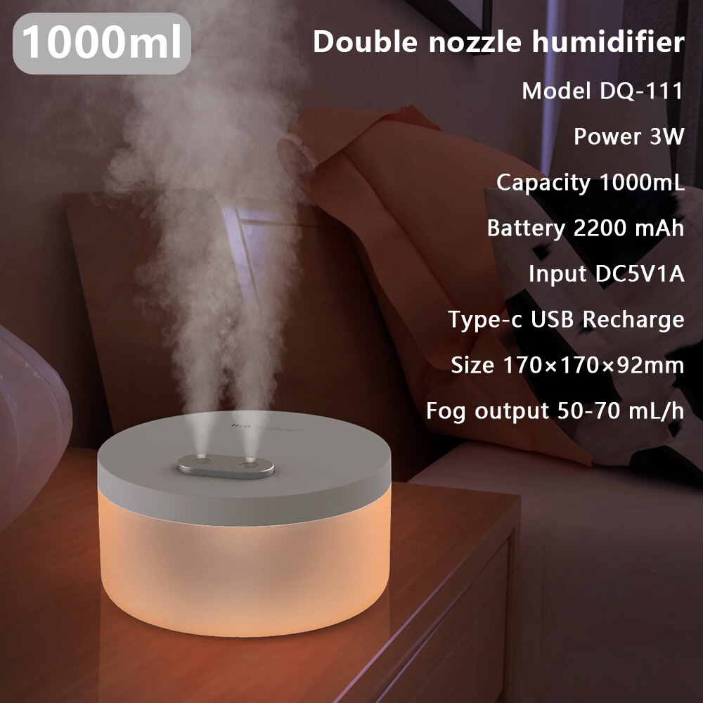 1.0l grande capacidade umidificador de ar dupla spray 2200mah usb recarregável sem fio ultra-sônico xiaomi aroma difusor luz fogger