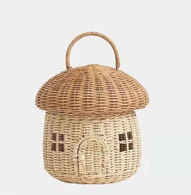 Cesta de mimbre hecha a mano con forma de seta para niños, bolso de mano para niña, bolso de playa de ratán, decoración para niños