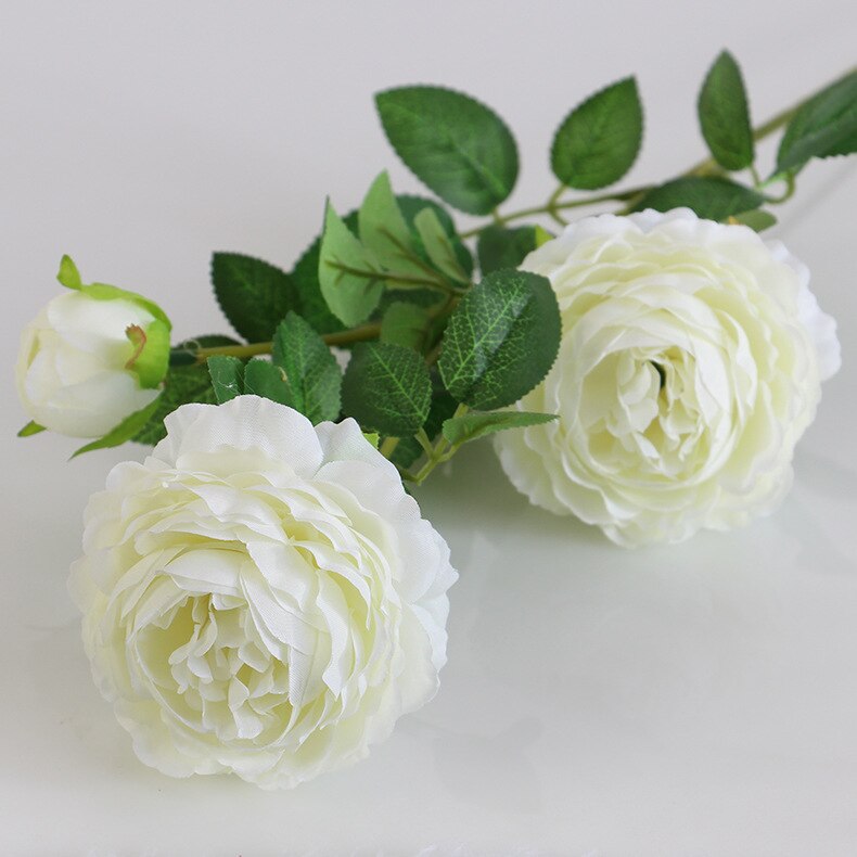 66cm lange europæiske kunstige blomster 3 hoved hjem silke pæon bryllup blomst udenlandske rose dekorative blomster fest dekoration 1 stk: Hvid