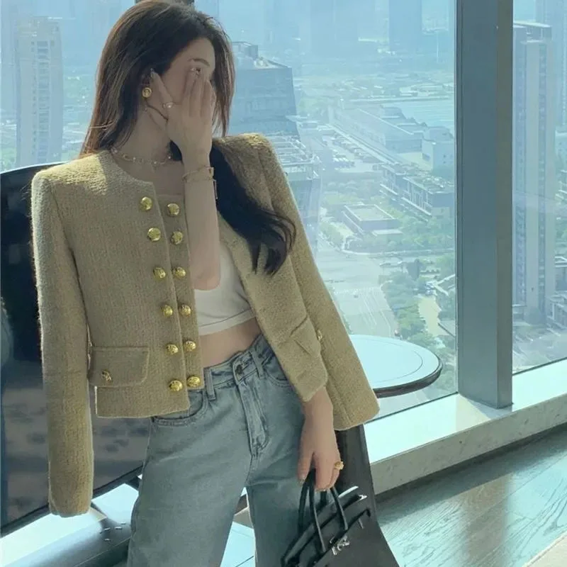 Lucyever Vintage Dames Tweed Jassen Elegante Chique Double-Breasted Met Zakjack Dames Koreaanse Mode O-hals Korte Jas: M