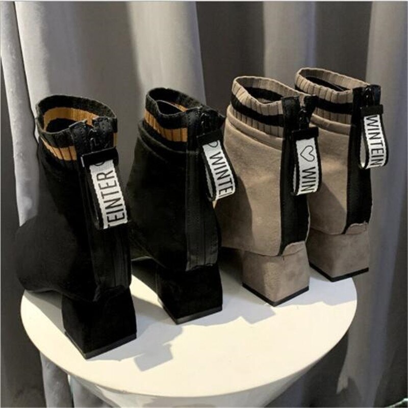 Ankelstøvler i imiteret ruskind kvinder chunky hæle plyssko kvinde smarte sko dame brun chokolade støvle plus størrelse 34-43