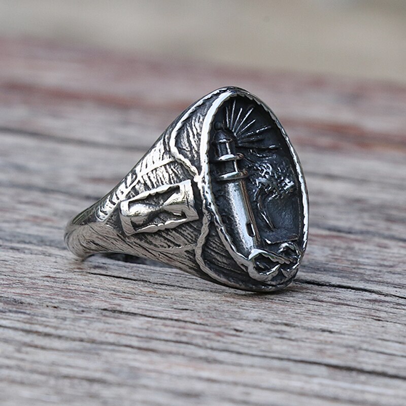 Anillo de vikingo de faro náutico Vintage para hombres, 316L náutico amuleto de acero inoxidable, anillo de sello, amuleto de la paz nórdica, de joyería