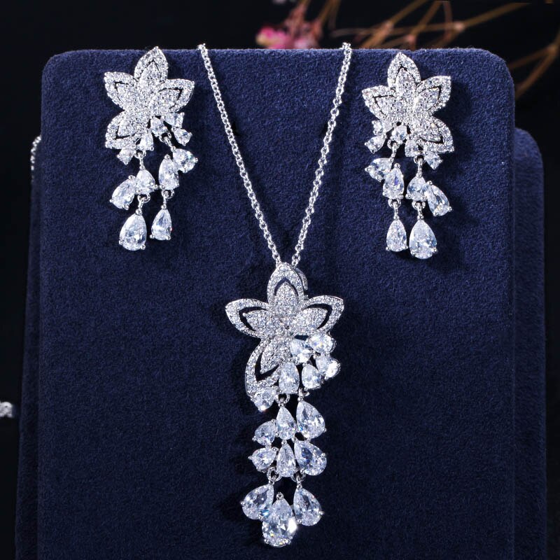 CWWZircons Cubic Zirconia Tassel Flower Earrings and Pendant Necklace Ladies Jewelry Sets T334: white