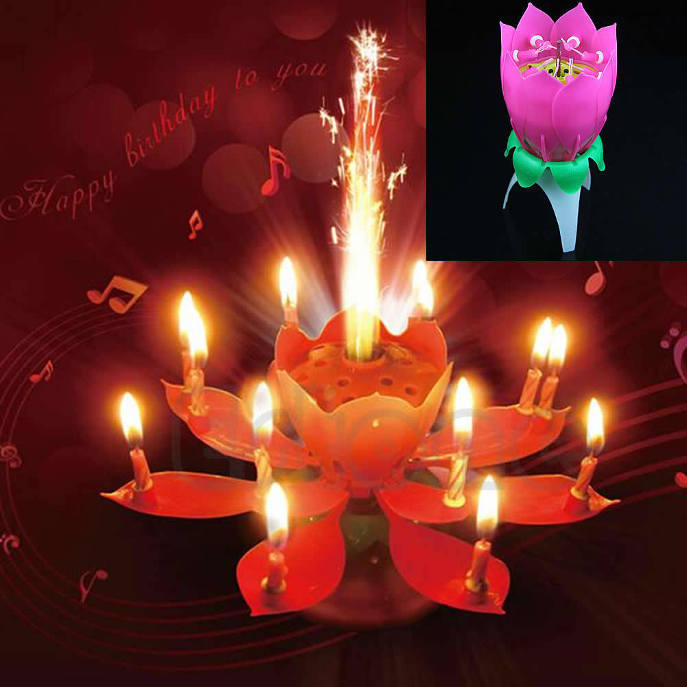 Beautiful Musical Lotus Flower Rotating Happy Birthday Party Candle Lights Kid Cake Decor Houshold Festival Party Candle