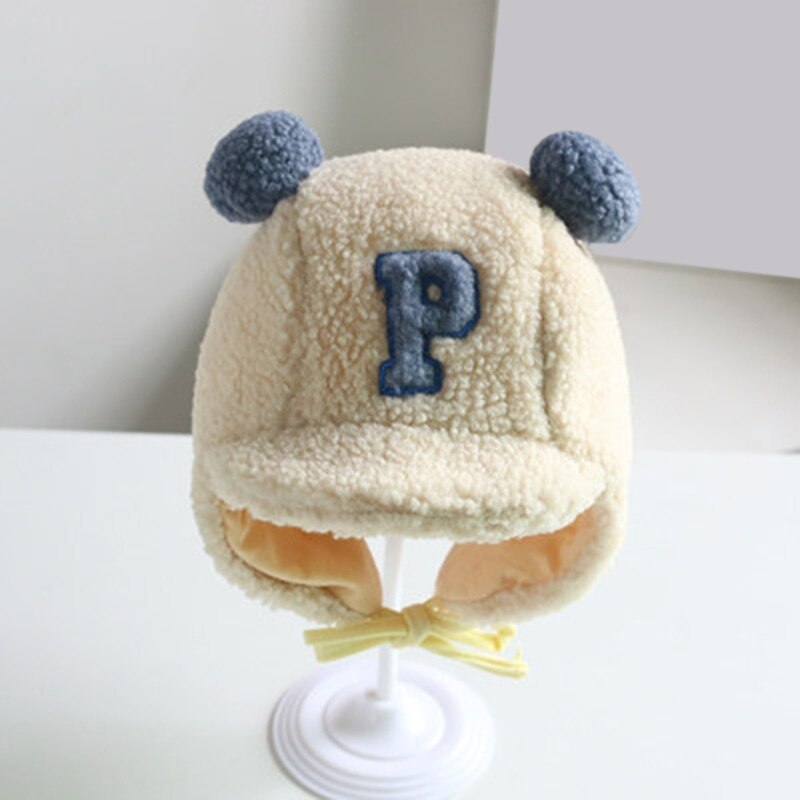 Inverno quente bebê meninos letra p cordeiro veludo earflap chapéu duplo pompom boné beanies para crianças criança gorro eargflap alta qualidade: Beige blue