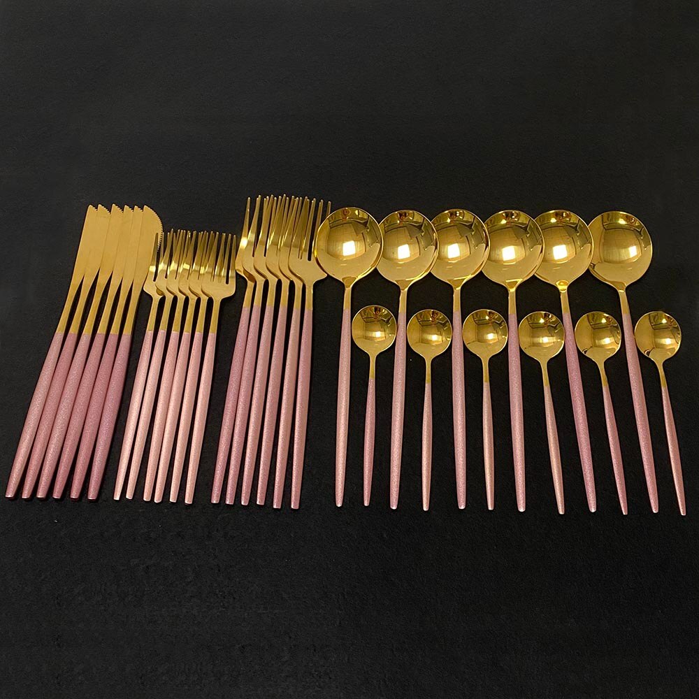 30pcs Dark Green Dinnerware Set 18/10 Stainless Steel Cutlery Set Flatware Tableware Set Dinner Knife Fork Spoon Dishwasher Safe: Pink Gold