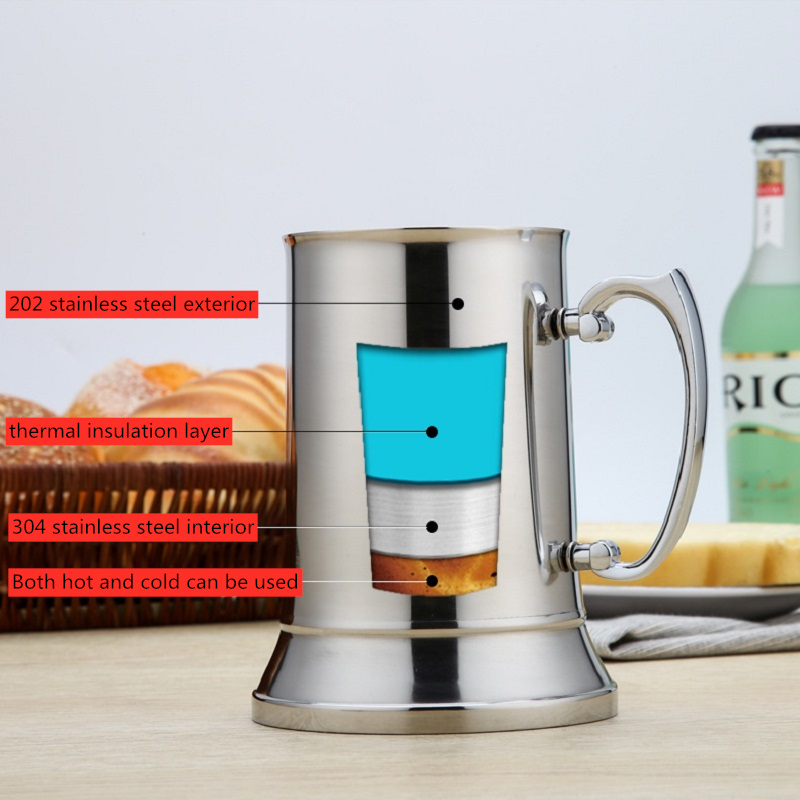 Dubbla lager 304 rostfritt stål ölmugg handtag kaffekopp frukost mjölk kopp handtag vinglas