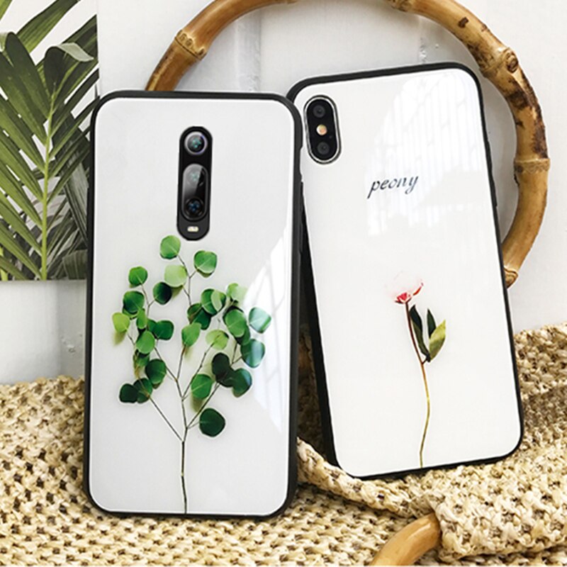 Tempered Glass Case For Meizu 15 16 16s case Simple Glossy Green plant Peony Hard Cover For Meizu 16 16th 15th 16s Phone Casing