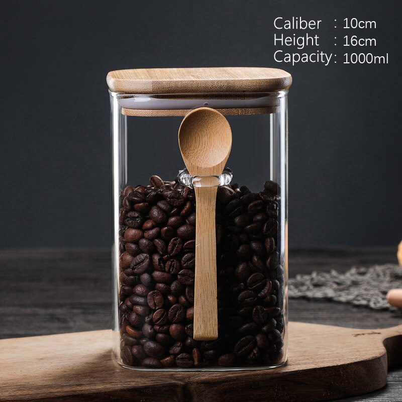 Caixa de armazenamento de cozinha de 800-1200ml tamanho, usando vidro transparente selado enlatado frasco de feijão de café de doces, com colher e tampa de bambu: Style2