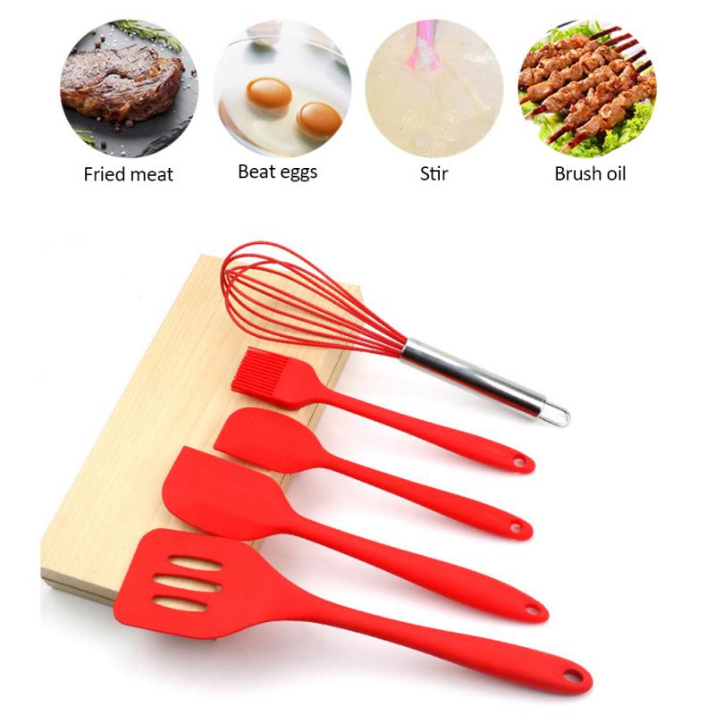 Espátula de goma sin costuras para cocina, juego de utensilios para mezclar y hornear, 5 piezas, utensilio de cocina, cuchara, espátula, cepillo de aceite, herramienta de cocina