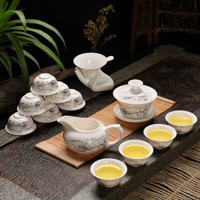 Bone China Ceramic Kung Fu Tea Set Relief Dragon Porcelain 14pcs of Tea Suit with Gaiwan Tea Cups W $