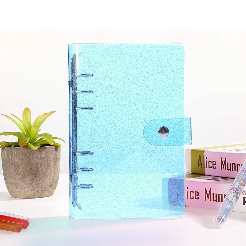 A6 soft PVC 6-ring binder cover with flashing transparent notebook zipper bag loose-leaf core book with snap button close binder: blue