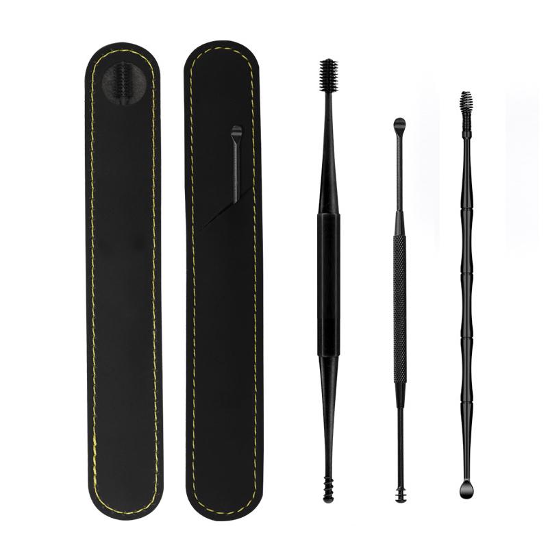 Extractor de cera de silicona suave para los oídos, limpiador portátil de acero inoxidable, 2 cabezales, 1/3 piezas: Black-3pcs