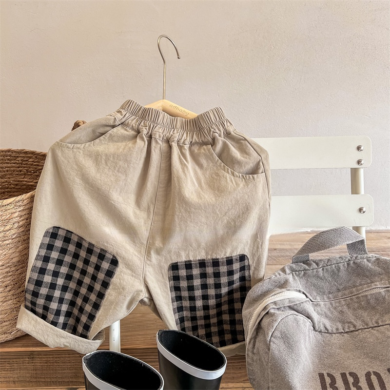 1341C 2022 primavera abbigliamento per bambini pantaloni da ragazzo Plaid panno Patchwork pantaloni Casual da ragazza coreano 1-7 anni pantaloni Harem per bambini: Apricot / 110 for 4y