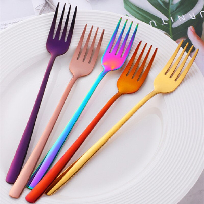 Stainless Steel Long Handle Dinner Fork 9 Colors Rainbow Fork Kitchen Hotel Supplies Restaurant Tableware Fork
