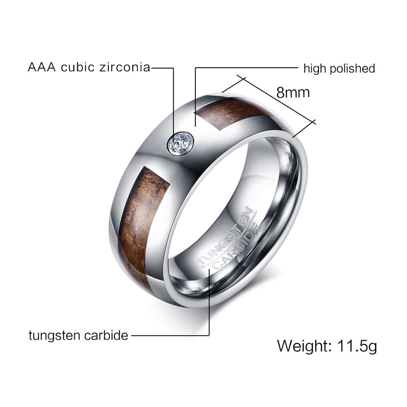 Vnox 8mm real carboneto de tungstênio anel de noivado não ccratch incrustado madeira maciça