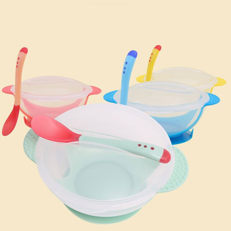 Baby bowl set training bowl induction temperature spoon set with lid learning bowl with suction cup children training tableware