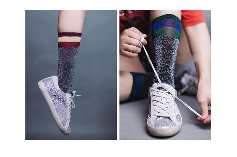 1 Para glänzend Lange Socken Herbst und Frühling neue funkeln silber Bördeln farbe streifen wild in Rohr Socken