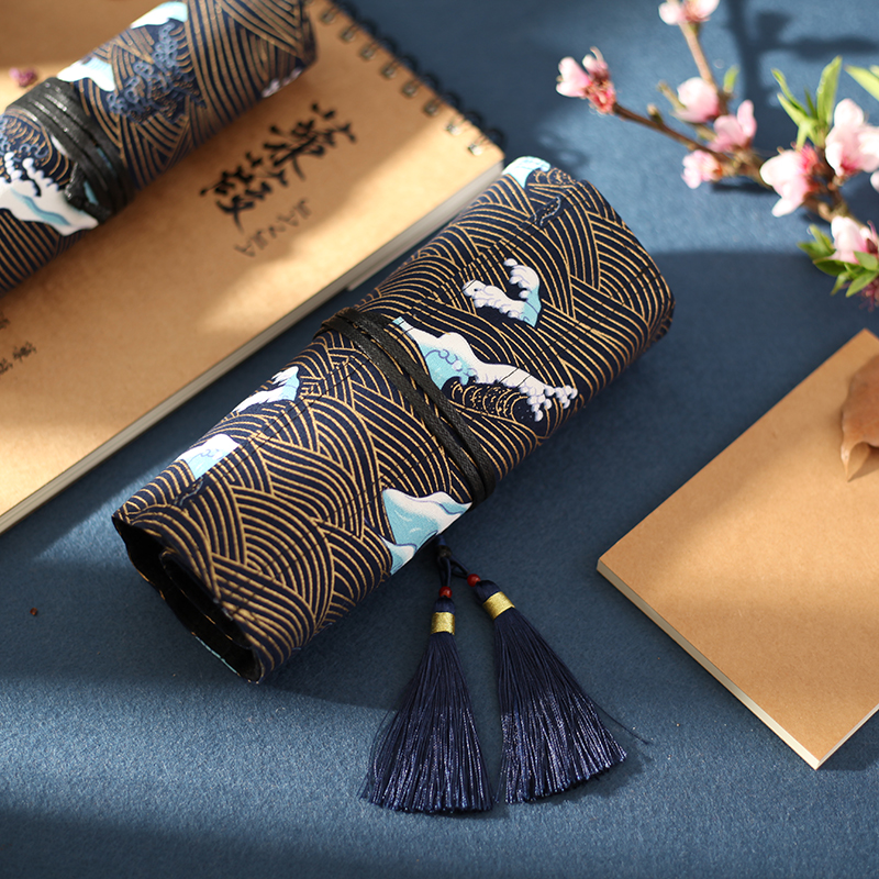 7.5 inch Antiquity Pencil Case Pen Wrap Double Tassel Ocean Wave Printing Sea Cliff Coffee Flower 4/7/10 Slots Clear Pattern