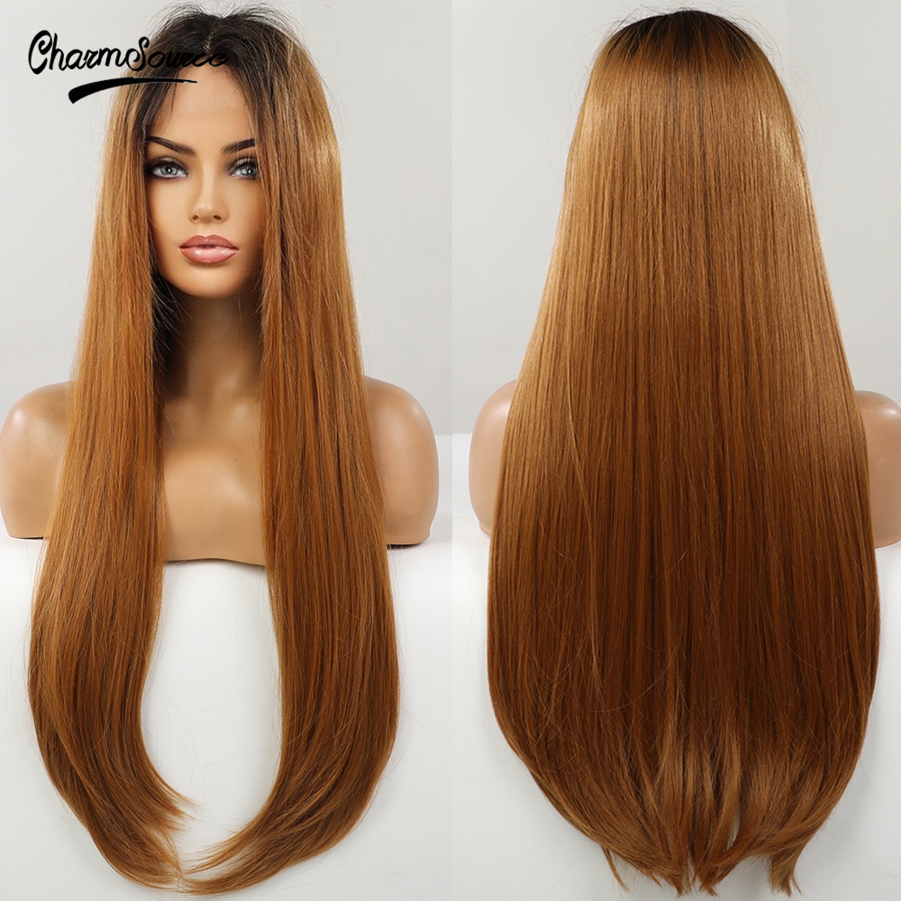 CharmSource Long Brown Root Ombre Blonde Wig Straight Lace Part Synthetic Wigs for Women Daily Hair High Density Heat Resistant: BL66019-1