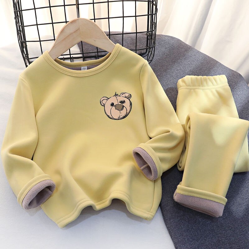 Pijamas cálidos para niños y niñas, traje acolchado de terciopelo, pantalones de fondo, ropa de invierno: Yellow / 120cm