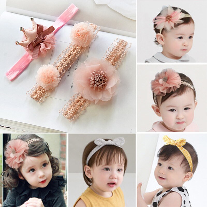3 Pcs/Set Lace Flower Baby Headband Crown Bows Hairband Girl Turban Elastic Baby Hair Band Newborn Baby Hair Accessories