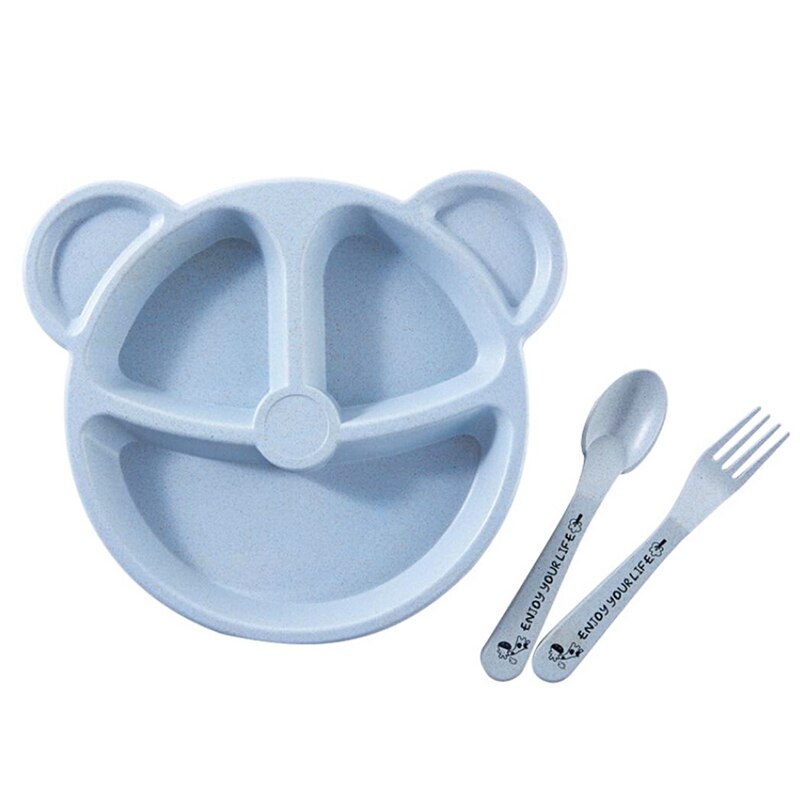 3 stk / sæt baby skål + ske + gaffel fodring mad bordservice tegneserie bjørn børn retter spiser porcelæn anti træning middag plade: Blå