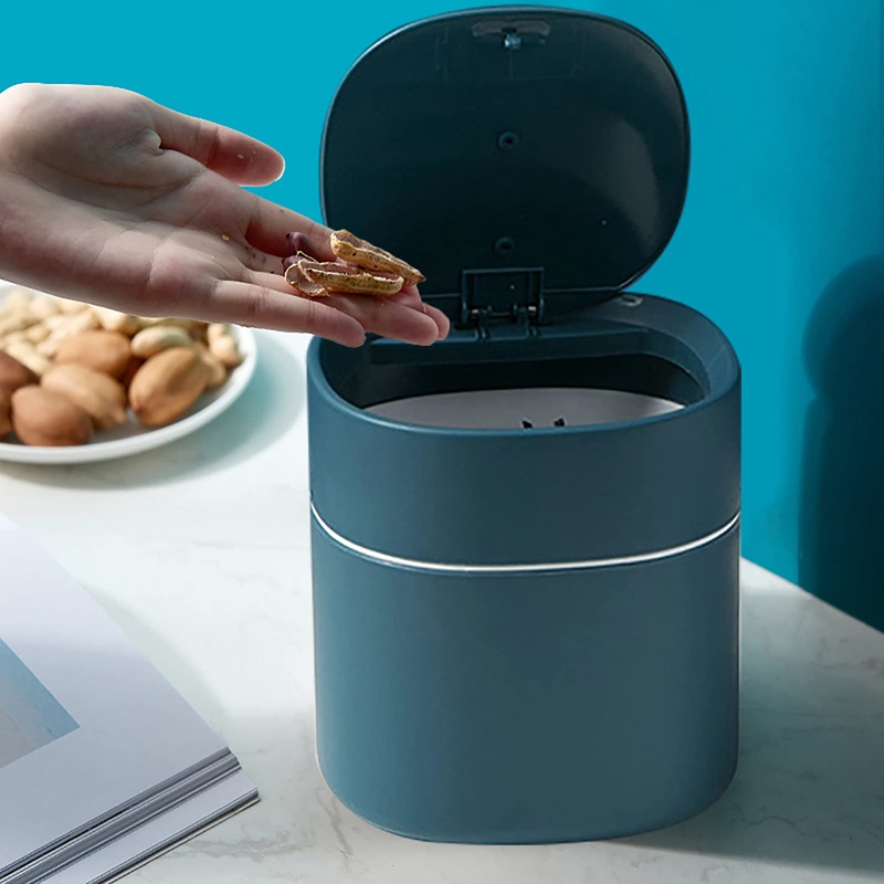 Mini Trash Can Desktop Waste Bin with Press-Open Lid Small Table Top Bin Graceful Round Corner Paper Bin for Home
