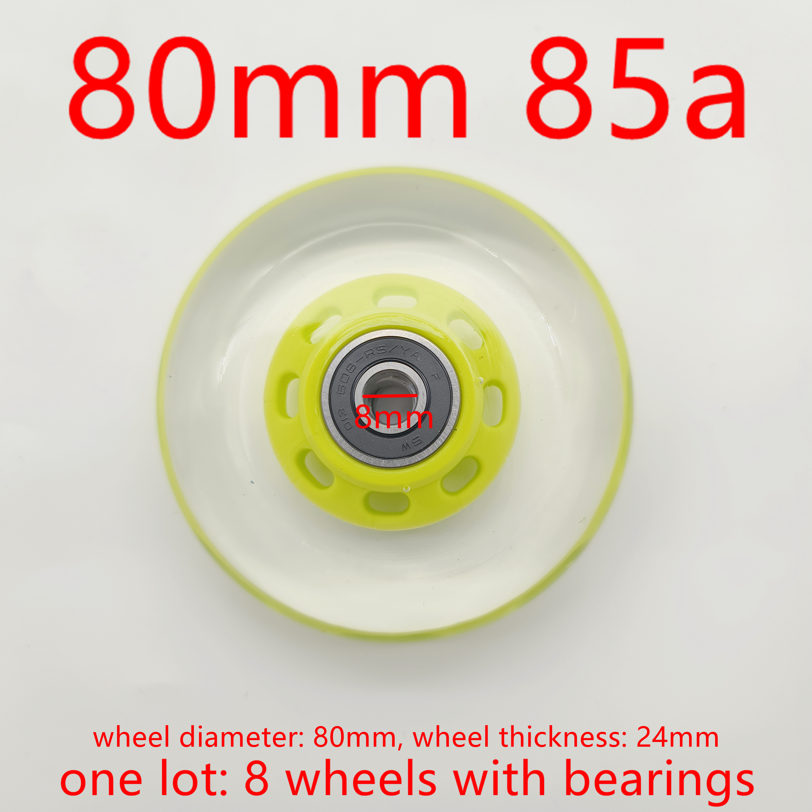 rolschaatsen wiel scooter wiel 80x24 zwart grijs transparante kleur 8pcs/lot: Licht Geel