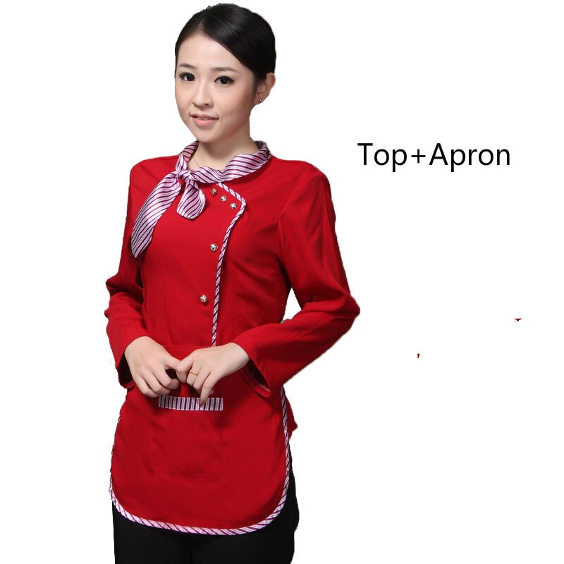 Long Sleeve Restaurant Waiter Uniform for Women Hotel Waitress Working Uniform Autumn Fast Food Waiter Tops +Apron Work Wear 89: women red / XL
