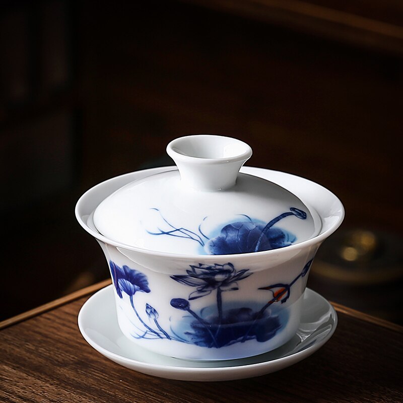 Gaiwan-tazón de té de porcelana china azul y blanca, Taza de cerámica portátil para viaje, taza individual hecha a mano, 140ml: A2