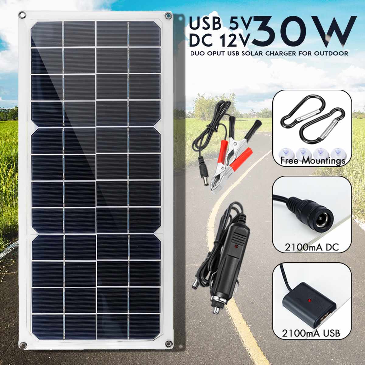 30w solpanel 12v monokrystallinsk usb strøm bærbar udendørs solcelle bil skib camping vandring rejse telefon oplader
