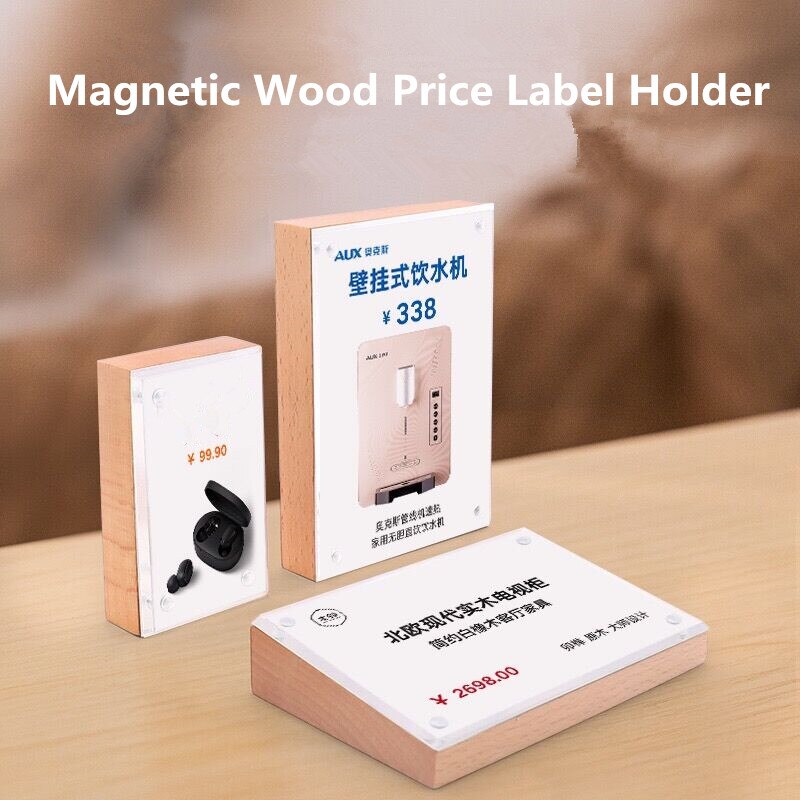 Magnetic Tabletop Wood Block Menu Holder Display Stand Counter Acrylic Picture Photo Frame Price Label Holder