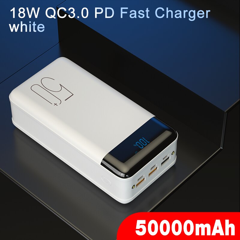Power Bank 50000mAh 18W PD QC3.0 Quick Charge Poverbank External Battery Portable Powerbank 50000mAh for iPhone 12 Pro 11 Xiaomi: 18W QC3.0 PD White
