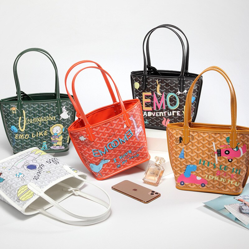 EMO-Bolso grande de hombro con dibujo de perro para mujer, bolsa con grafiti, informal, PU, novedad de