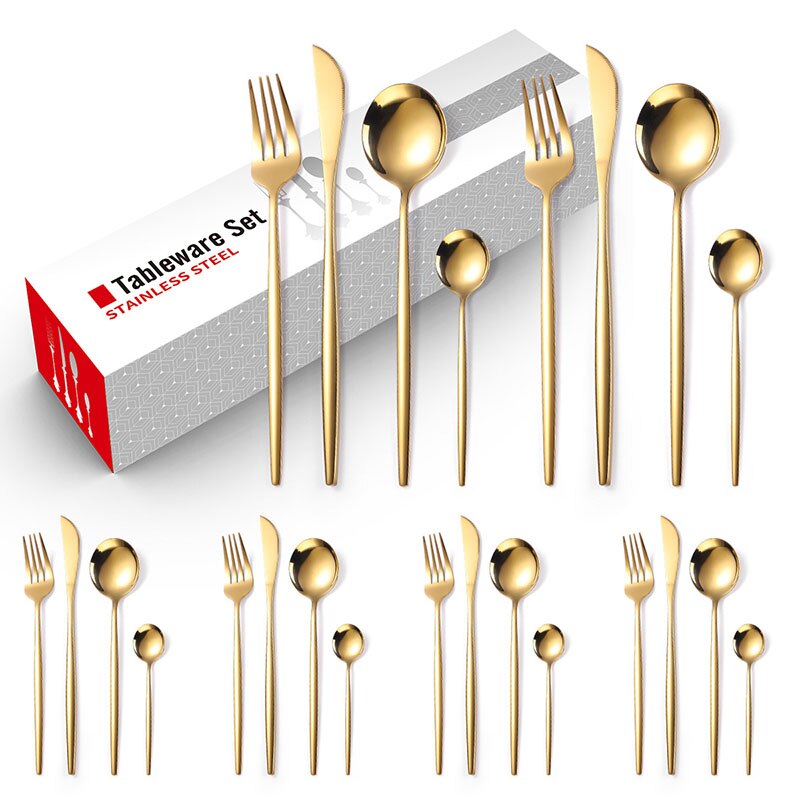 24 Stks/set Rvs Servies Set Zwart Goud Slive Keuken Mes Vork Lepel Servies Met Doos Vaatwasmachinebestendig Bestek: Golden