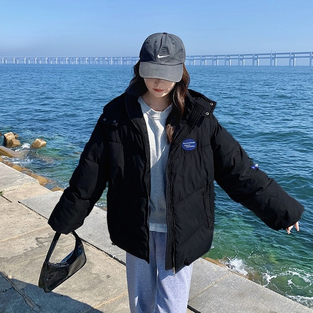 Manteau en coton à capuche pour femme, veste en duvet, ample, épais, , décontracté, 2022: Black / L