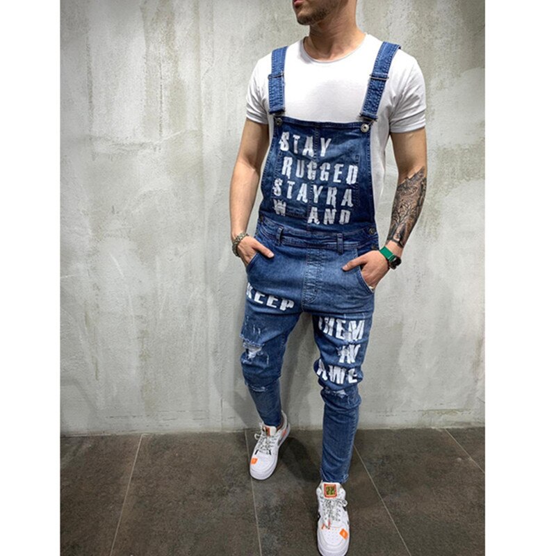 Homme déchiré jean imprimé lettres combinaisons rue en détresse Denim style britannique salopette à bretelles homme jarretelle pantalon travail vêtements