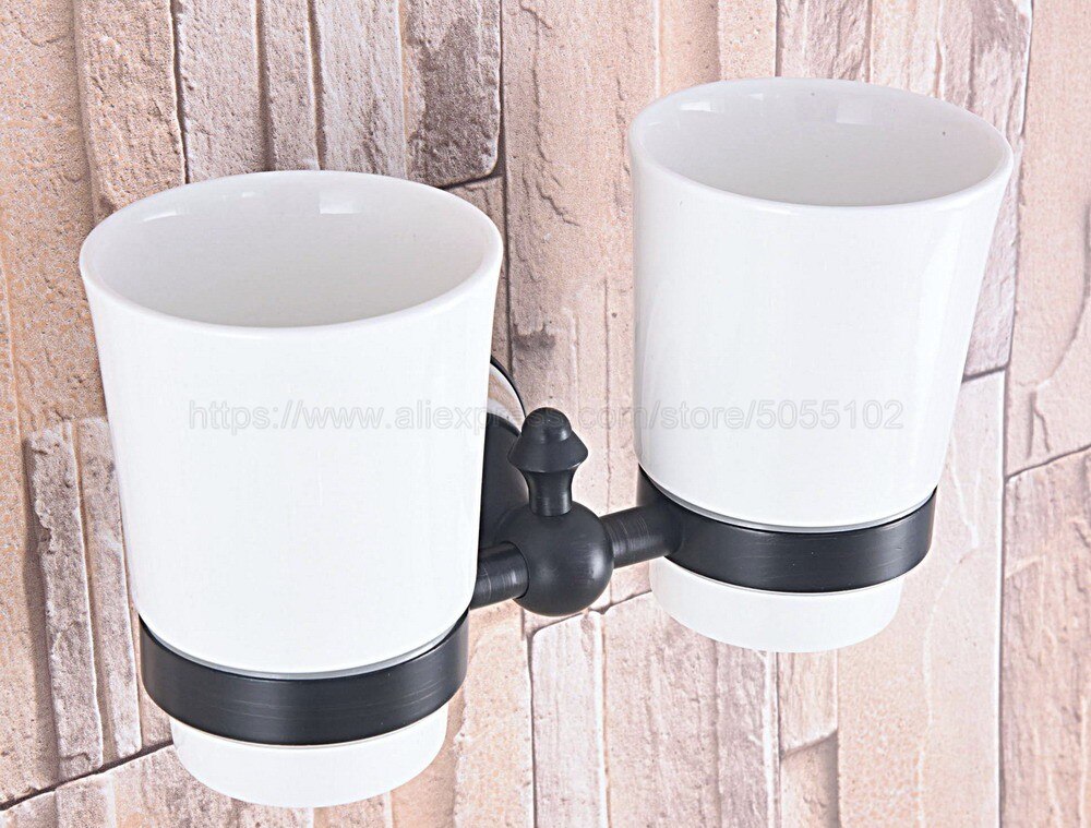 Black Oil Rubbed Bronze Bathroom Accessory Wall Mounted Toothbrush Holder with Two Ceramic Cups zba710