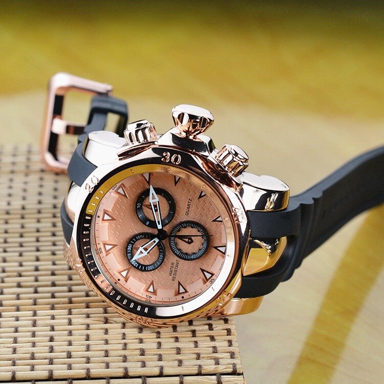 Reloj de famosa con esfera grande para hombre, reloj de cuarzo con esfera grande, correa de goma de 52MM, reloj de pulsera de oro rosa para hombre, reloj de lujo para hombre,