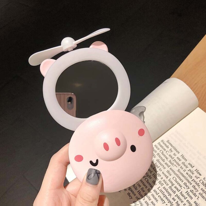 Vibrating Sound With The Pink Pig Beauty Mirror Portable Small Fan USB Charging Mini Handheld LED Fill Light Makeup Mirror