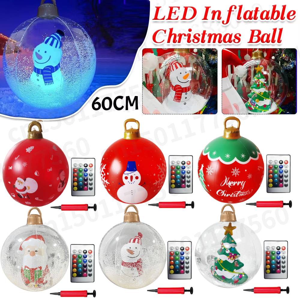 24 Inch Opblaasbare Kerstballen Met Verlichting Buiten Kerstversiering Pvc 60Cm Gigantische Kerstballen Vakantiedecor