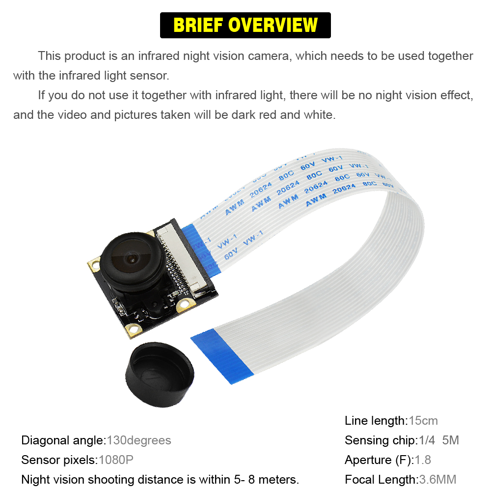 KEYES Camera, Fish-eye Wide-angle Camera for Raspberry Pi 3/2 / B + Camera 5MP /1080p