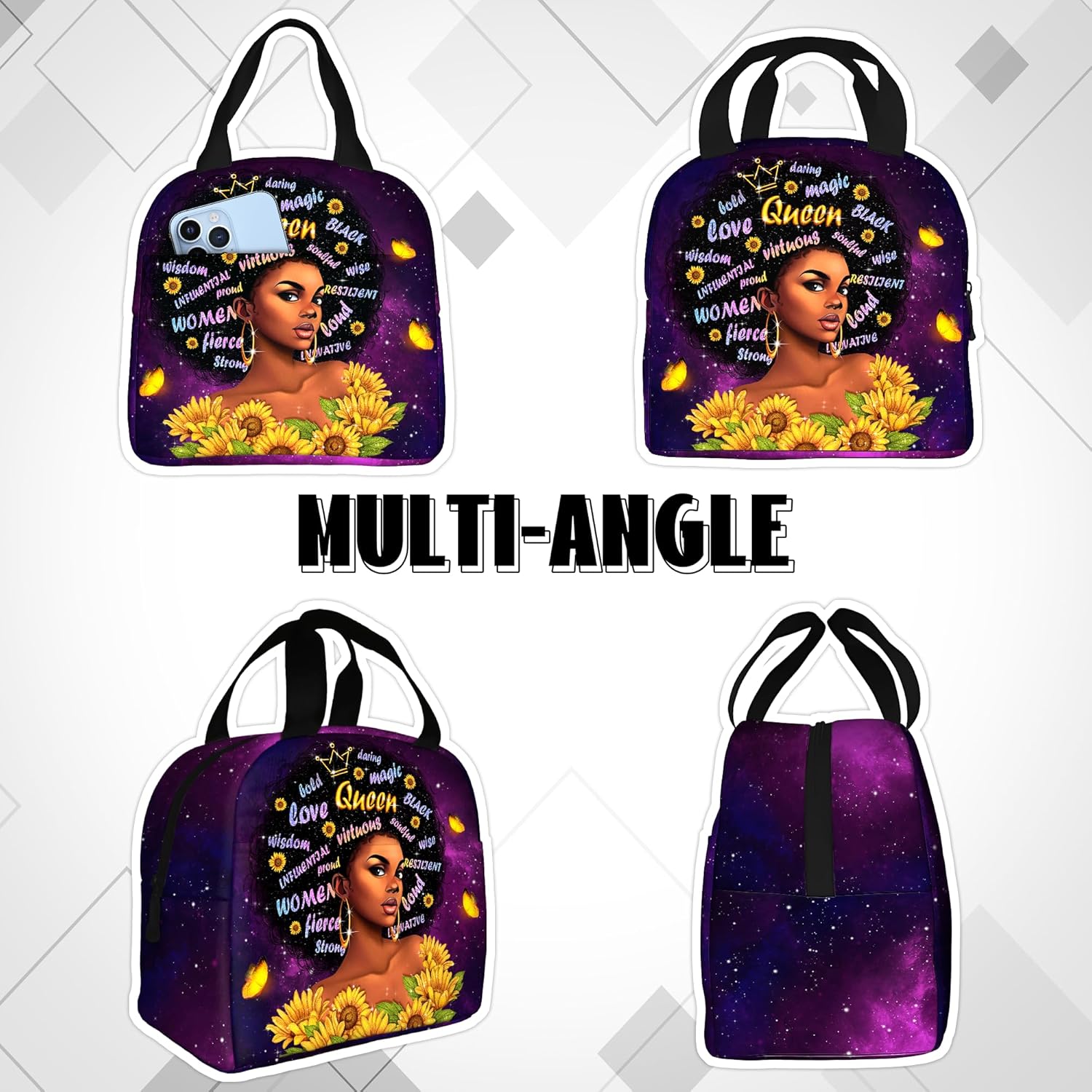 African American Women Lunch Bag Reusable Black Women Magic Insulated Lunch Box Portable Tote Bag for Women Travel Hiking